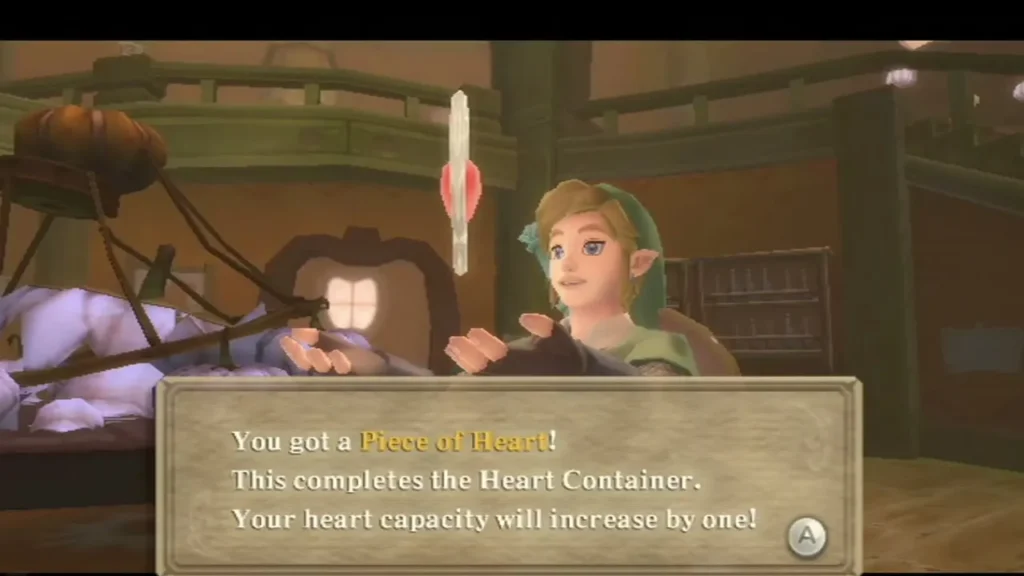 Link holds up a Piece of Heart in the Lumpy Pumpkin, and the box says it completes a Heart Container. Link holds up a Piece of Heart in the Lumpy Pumpkin, and the box says it completes a Heart Container.