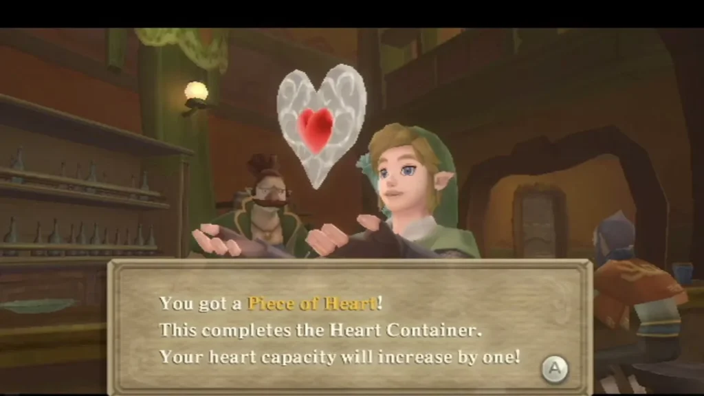 Link holds up a Piece of Heart in the Skyloft bar, and the box says it completes a Heart Container. Link holds up a Piece of Heart in the Skyloft bar, and the box says it completes a Heart Container.