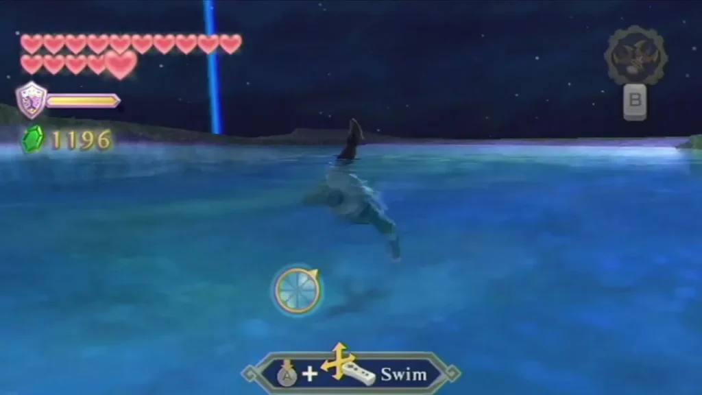 Link swims in a large night-time pool on a sky island, with the Swim prompt on screen. Link swims in a large night-time pool on a sky island, with the Swim prompt on screen.
