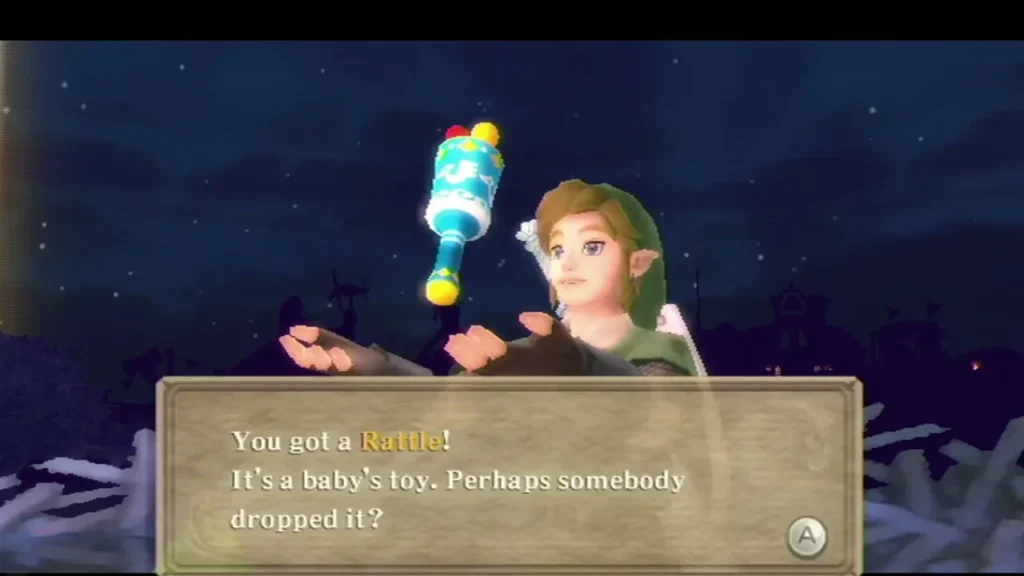 Link holds up a blue baby rattle at night, with a box saying it is a baby toy that was perhaps dropped. Link holds up a blue baby rattle at night, with a box saying it is a baby toy that was perhaps dropped.
