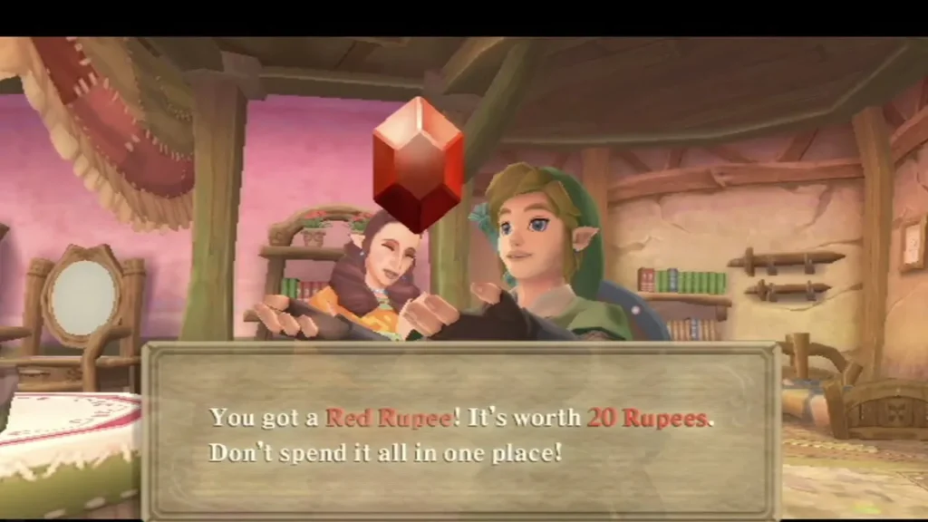 A Red Rupee floats above Link in the pink-walled house, and the message box says it is worth 20 Rupees. A Red Rupee floats above Link in the pink-walled house, and the message box says it is worth 20 Rupees.
