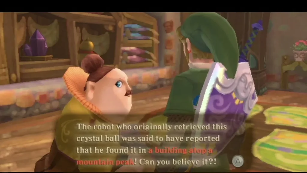 Sparrot tells Link a robot reportedly found the crystal ball in a building atop a mountain peak. Sparrot tells Link a robot reportedly found the crystal ball in a building atop a mountain peak.
