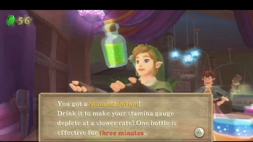 Link holds up a green Stamina Potion, and the box says it slows stamina loss for three minutes. Link holds up a green Stamina Potion, and the box says it slows stamina loss for three minutes.