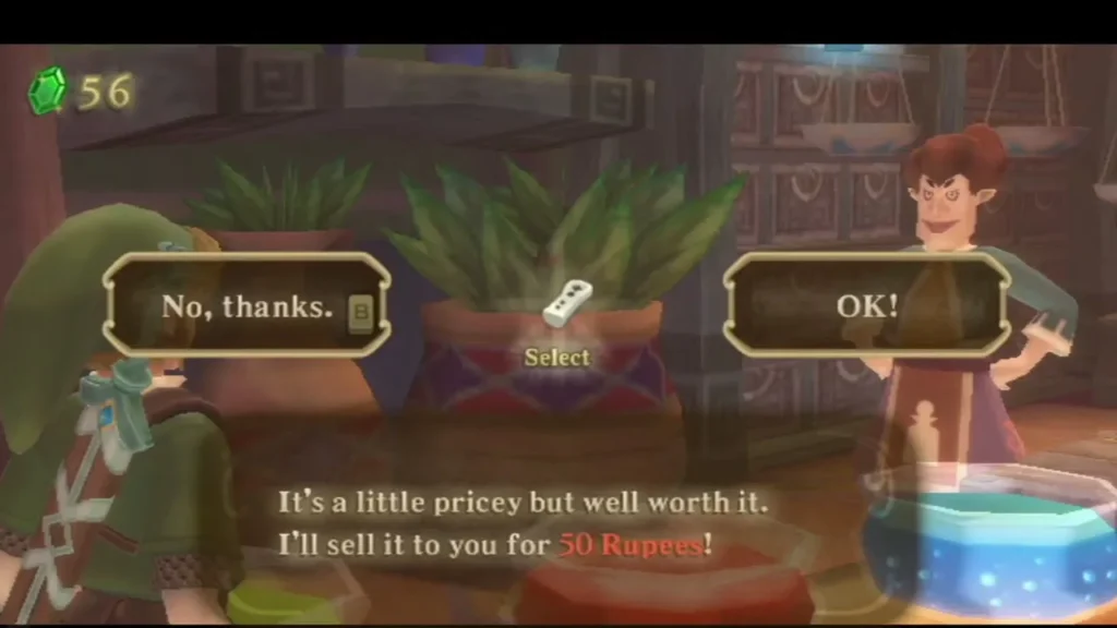 A potion shop keeper offers a Stamina Potion for 50 Rupees, with No, thanks and OK! choices on screen. A potion shop keeper offers a Stamina Potion for 50 Rupees, with No, thanks and OK! choices on screen.