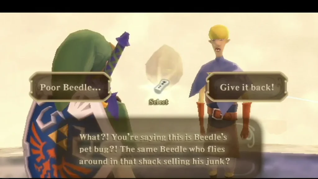 A blue-tunic student says the rare bug is Beedle's pet, and Link chooses between two replies. A blue-tunic student says the rare bug is Beedle's pet, and Link chooses between two replies.