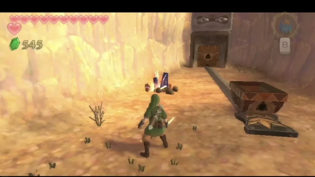Link swings at a blue Timeshift Stone beside a mine cart in Lanayru Desert. Link swings at a blue Timeshift Stone beside a mine cart in Lanayru Desert.