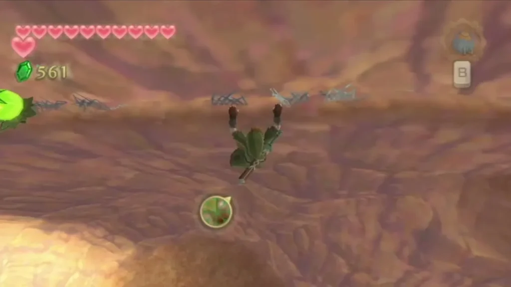 Link hangs from vines on a sandstone canyon wall in Lanayru Desert. Link hangs from vines on a sandstone canyon wall in Lanayru Desert.