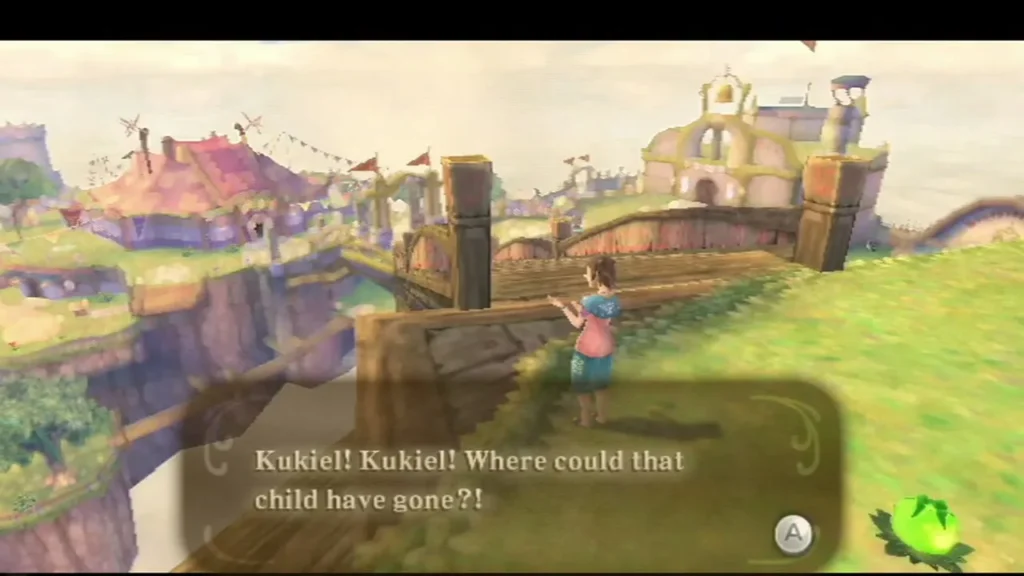Wryna stands on a Skyloft bridge calling out for her missing daughter Kukiel. Wryna stands on a Skyloft bridge calling out for her missing daughter Kukiel.