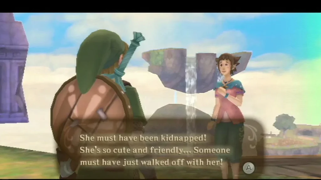 Wryna tells Link her daughter must have been kidnapped, pleading for help near the Skyloft waterfall. Wryna tells Link her daughter must have been kidnapped, pleading for help near the Skyloft waterfall.