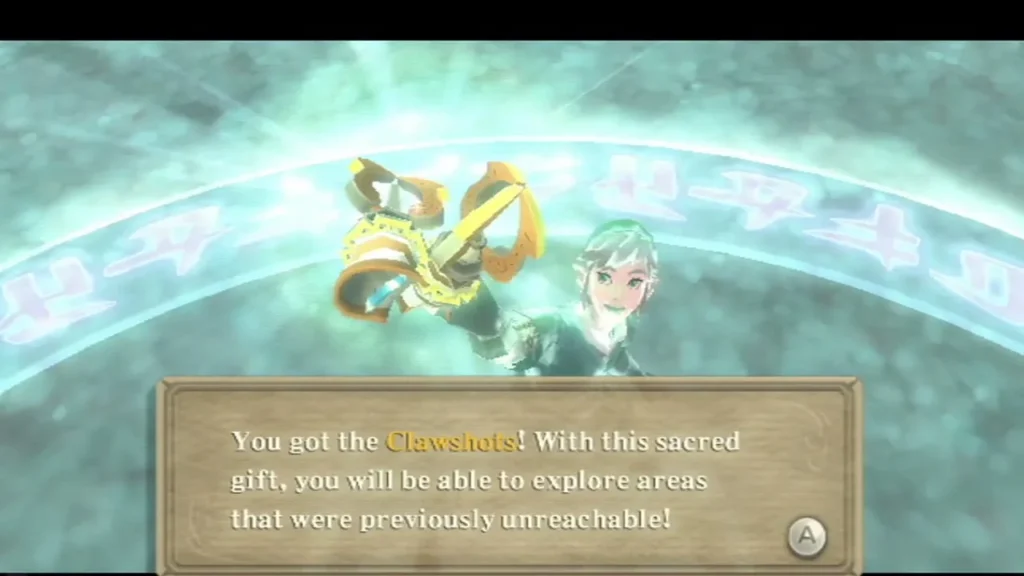 The Clawshots rise in a burst of light above Link, with the box saying they open areas once unreachable.
