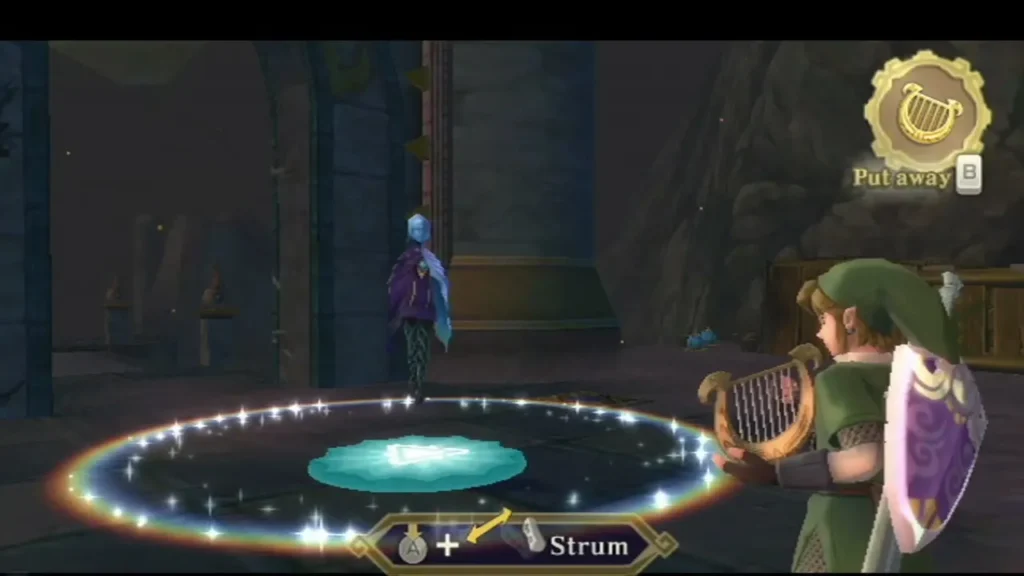 Link plays Din's Power on the harp in a dark stone hall, with rings of light forming around the cyan glyph.