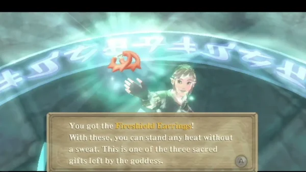 Link reaches up to the Fireshield Earrings under a glowing rune ring, and the box says they let him stand any heat.