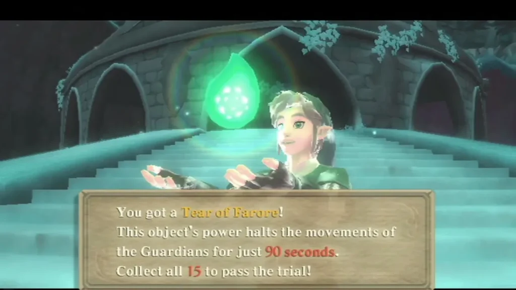 Link gestures toward a glowing Tear of Farore at the stone steps, its box saying it halts Guardians for 90 seconds.