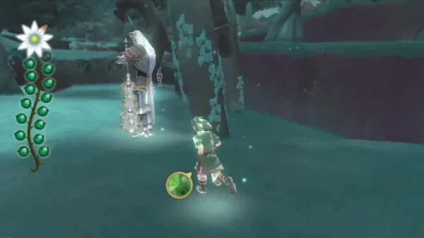 Link runs past a silver Guardian standing by a tree on a misty Silent Realm path in Faron Woods.