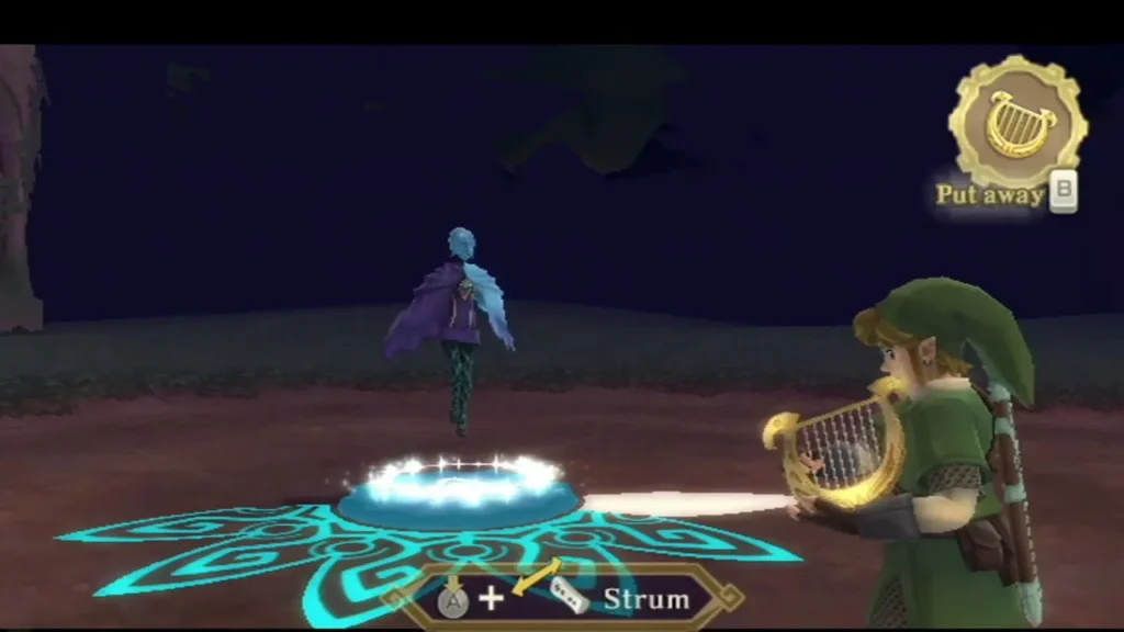 Link strums the Goddess's Harp as a glowing ring of light spreads around the sigil on the ground.