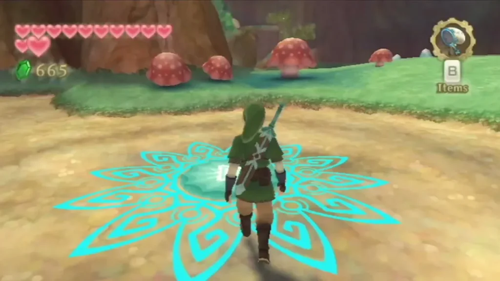 Link stands on the glowing cyan sigil in Faron Woods, with light glowing at its center.