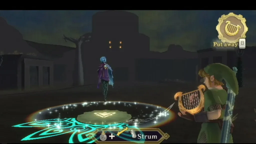 Link plays Nayru's Wisdom on the harp beside a glowing circle in the desert at night, with Fi watching.