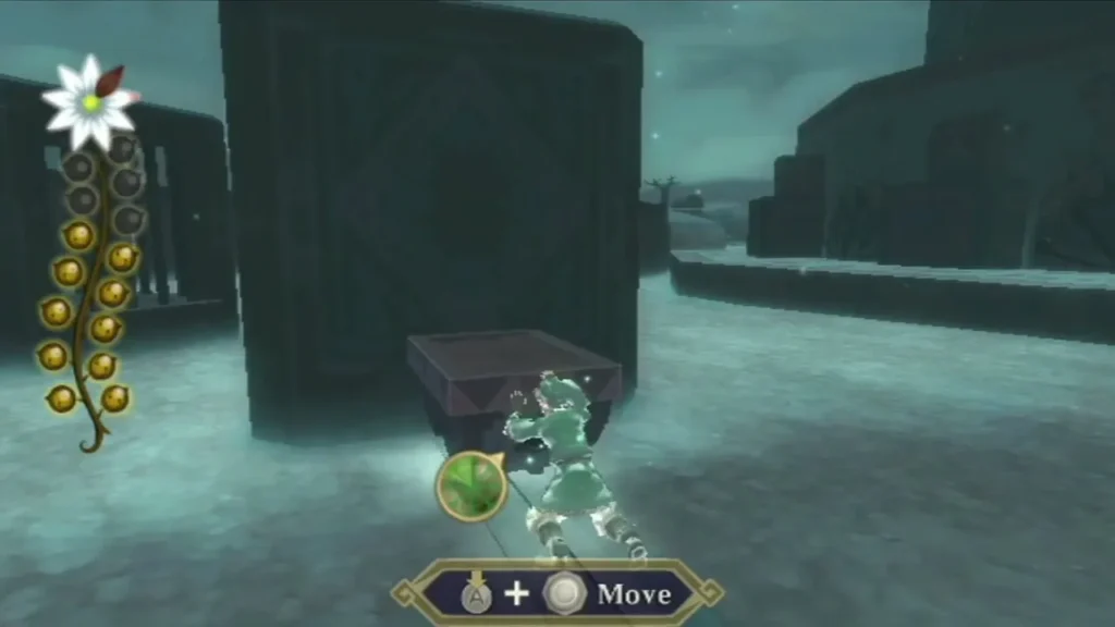 Link pushes a dark stone cart against a tall wall in the icy Nayru realm, with the Move prompt on screen.