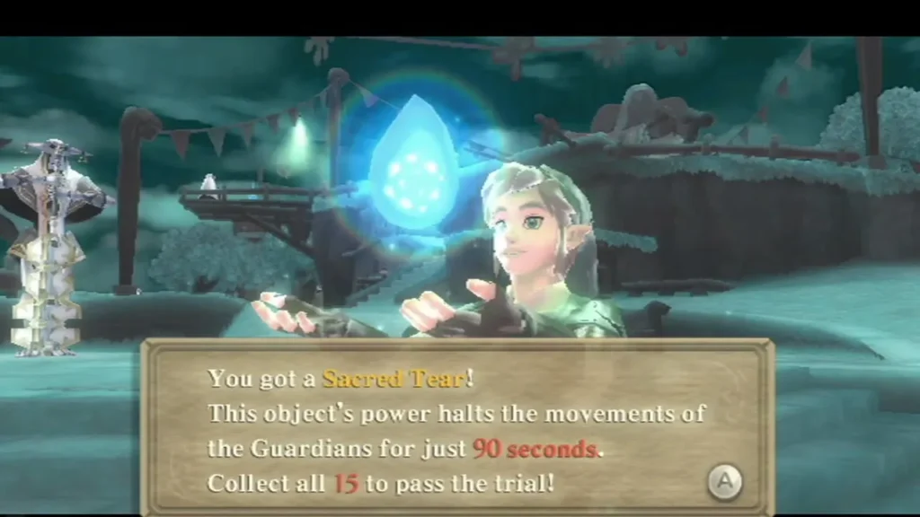 Link holds up a Sacred Tear in the Skyloft realm, with a Guardian standing at the left edge of the view.