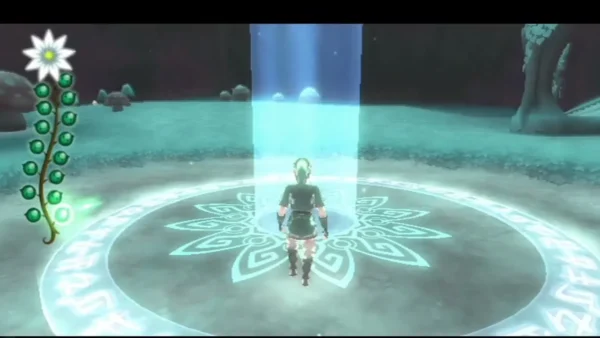 Link stands in the glowing circle as a blue light column rises, marking the trial's exit point.