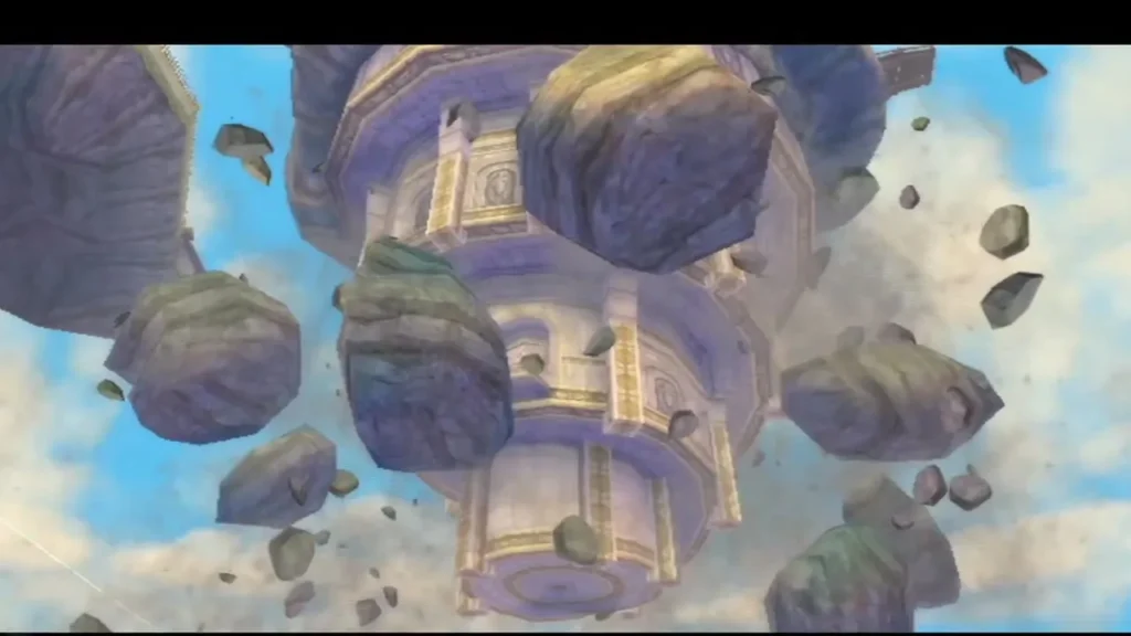Rubble tumbles away from a golden stone tower in the sky as chunks of its island break loose.