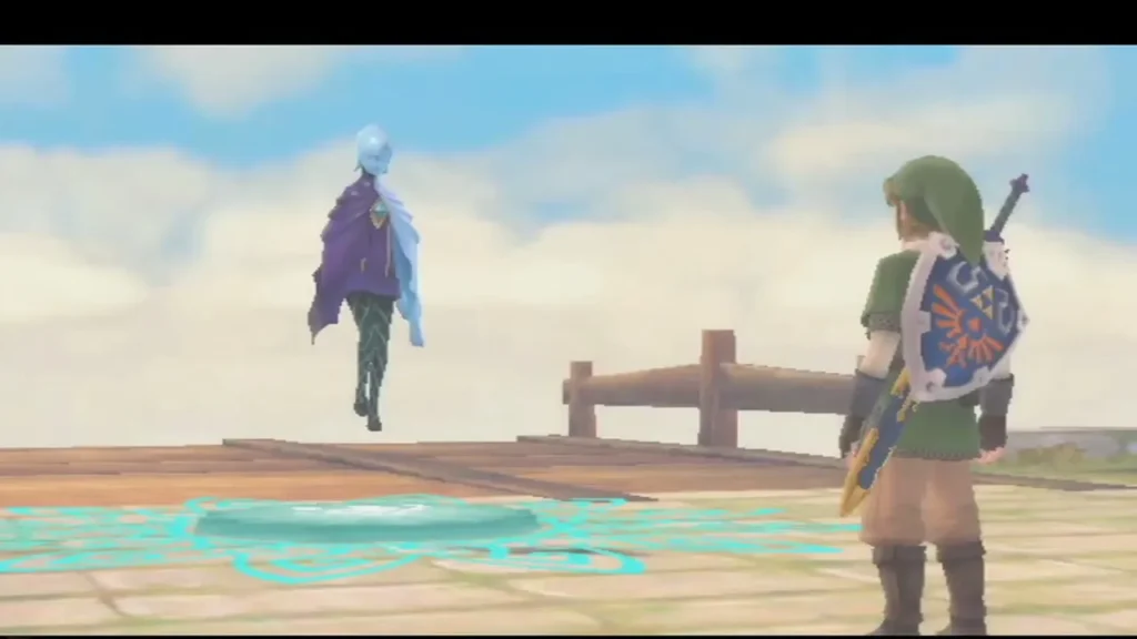On a Skyloft plaza, Link stands by a glowing cyan mark on the ground as a ghostly figure hovers nearby.