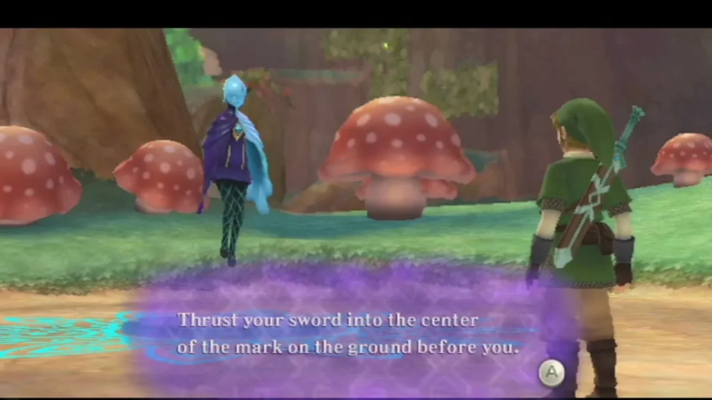 Fi's box says to thrust your sword into the center of the mark on the ground, with Link facing it.