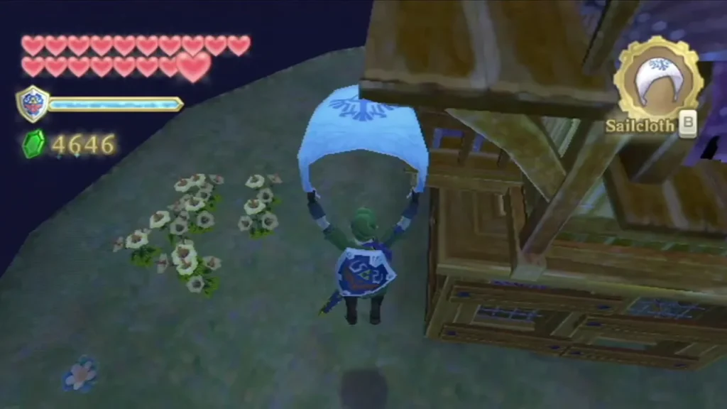 Link holds up a sailcloth beside Beedle's airship, docked on a grassy island at night. Link holds up a sailcloth beside Beedle's airship, docked on a grassy island at night.