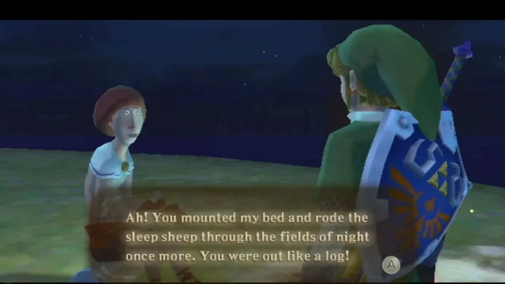 An islander tells Link he rode the sleep sheep through the night while asleep in his bed. An islander tells Link he rode the sleep sheep through the night while asleep in his bed.