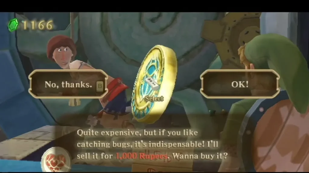 The airship shopkeeper offers a Bug Medal for 1,000 Rupees, with No thanks and OK options. The airship shopkeeper offers a Bug Medal for 1,000 Rupees, with No thanks and OK options.