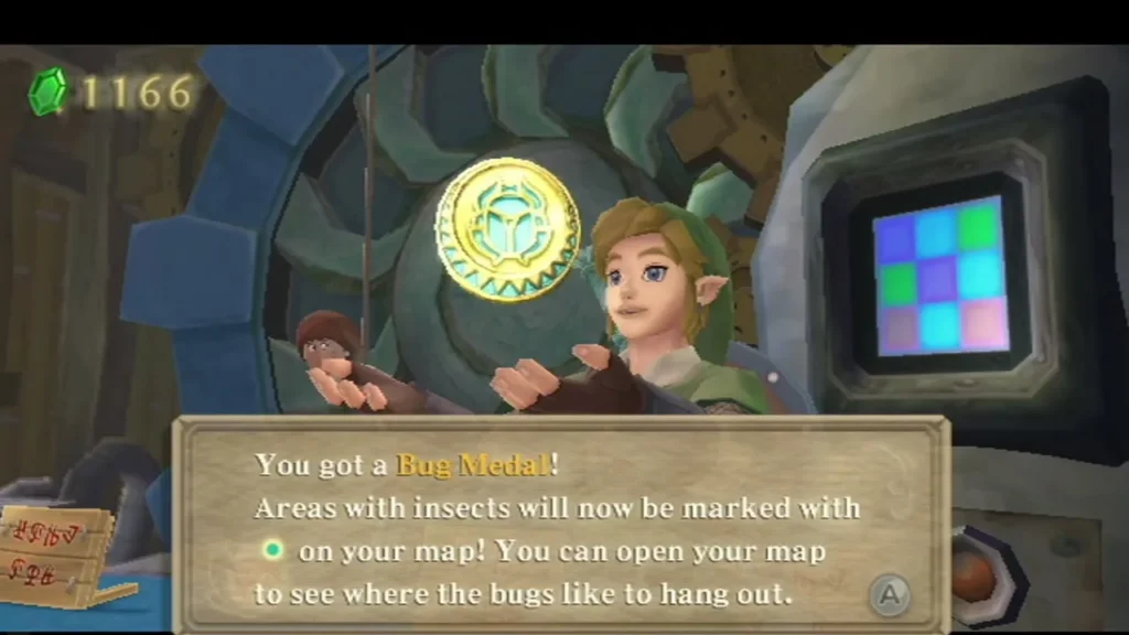 Link receives a Bug Medal in the airship shop, and its box says insects will now show on the map. Link receives a Bug Medal in the airship shop, and its box says insects will now show on the map.