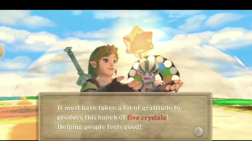 A golden star rises above the party wheel, and the box says Link has received a bunch of five crystals. A golden star rises above the party wheel, and the box says Link has received a bunch of five crystals.