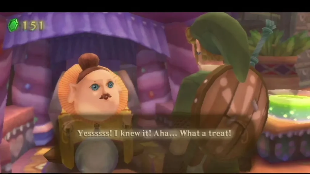 The fortune teller in her purple tent says What a treat! after Link pays for his first fortune. The fortune teller in her purple tent says What a treat! after Link pays for his first fortune.