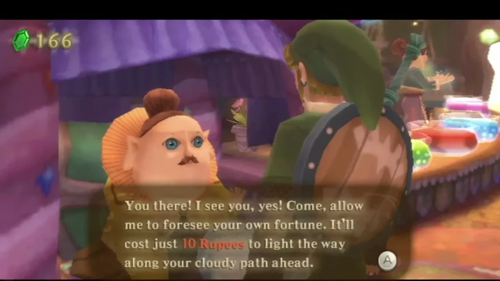 The fortune teller offers to light Link's cloudy path ahead for 10 Rupees, with his Rupee count shown. The fortune teller offers to light Link's cloudy path ahead for 10 Rupees, with his Rupee count shown.