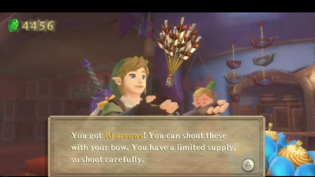 Link holds a bundle of arrows in the Bazaar item shop under a box saying he got ten arrows. Link holds a bundle of arrows in the Bazaar item shop under a box saying he got ten arrows.
