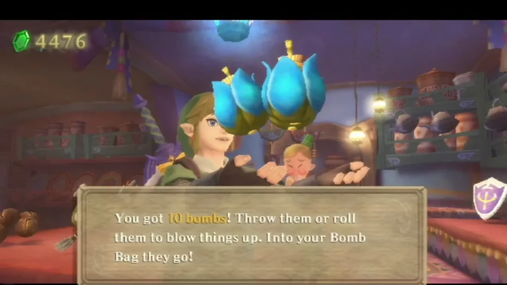 Link holds up ten bombs in the Bazaar item shop while a box says they go into his Bomb Bag. Link holds up ten bombs in the Bazaar item shop while a box says they go into his Bomb Bag.