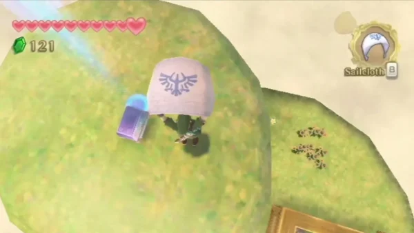 Link stands beside a closed purple Goddess Chest on a grassy sky island under a blue beam of light. Link stands beside a closed purple Goddess Chest on a grassy sky island under a blue beam of light.