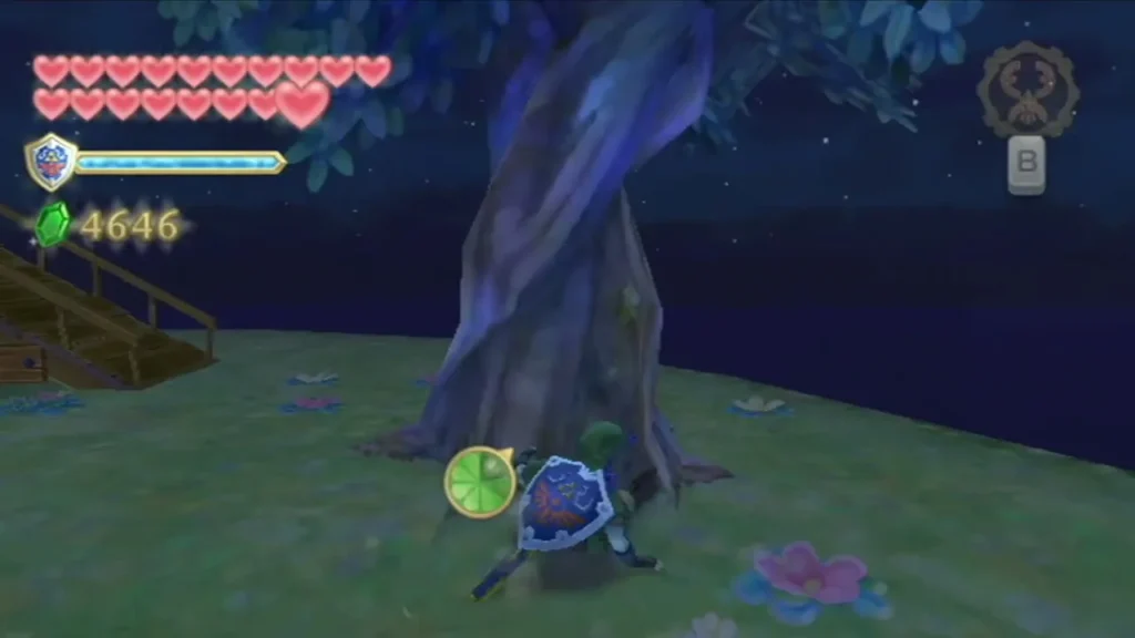 A large tree and a wooden walkway on a grassy island at night, with Link beside the trunk. A large tree and a wooden walkway on a grassy island at night, with Link beside the trunk.