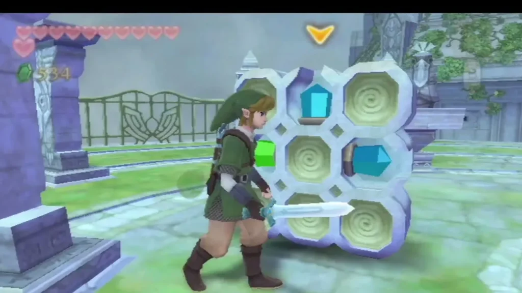 Link beside a stone block with cyan and green gems on the Isle of Songs, one of its rotating puzzle pieces. Link beside a stone block with cyan and green gems on the Isle of Songs, one of its rotating puzzle pieces.