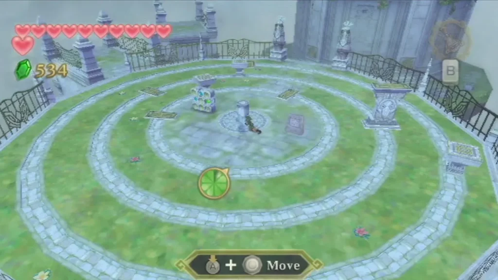 Link on the Isle of Songs stone ring with a Move prompt, next to the central pedestal of the bridge puzzle. Link on the Isle of Songs stone ring with a Move prompt, next to the central pedestal of the bridge puzzle.