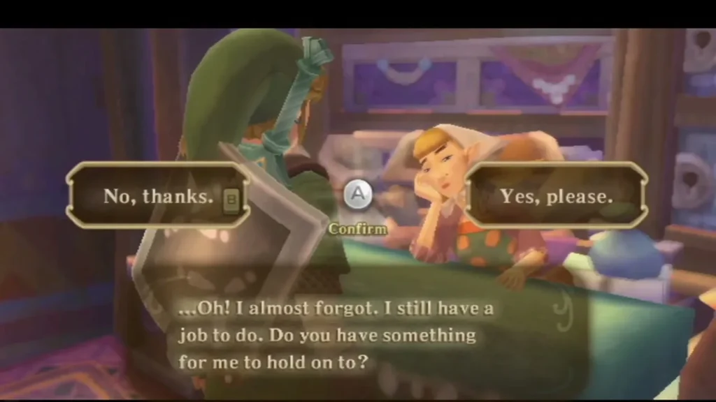 At the Item Check, the attendant asks if Link has something for her to hold on to, with No thanks or Yes please. At the Item Check, the attendant asks if Link has something for her to hold on to, with No thanks or Yes please.