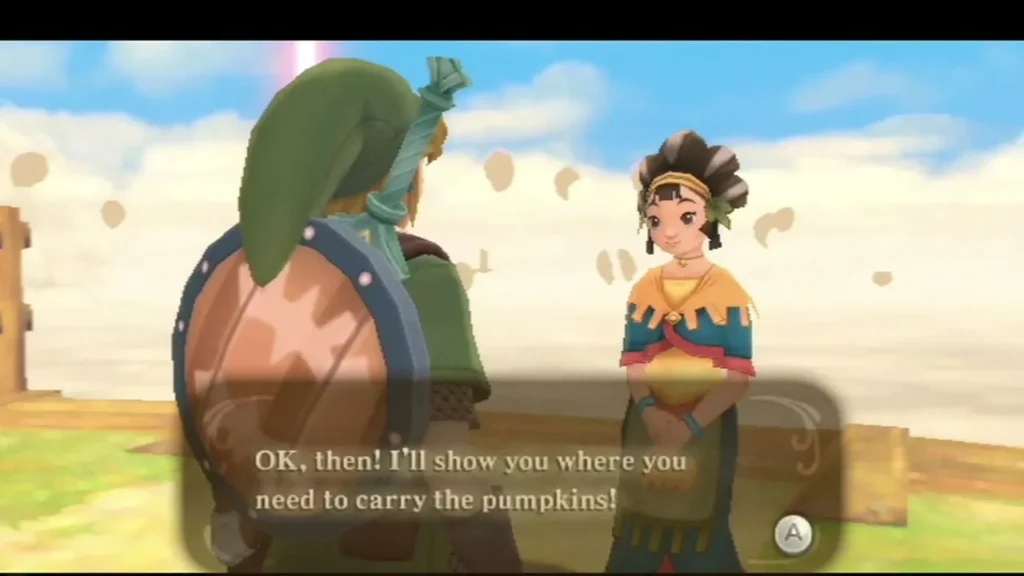 Kina speaks to Link on a cloudy sky island, with a box saying she will show him where to carry the pumpkins. Kina speaks to Link on a cloudy sky island, with a box saying she will show him where to carry the pumpkins.