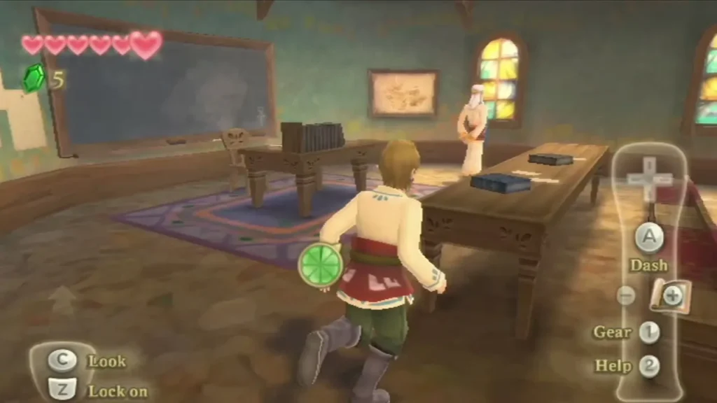 Link runs across the Knight Academy classroom past a chalkboard, a wooden desk and a stained-glass window. Link runs across the Knight Academy classroom past a chalkboard, a wooden desk and a stained-glass window.