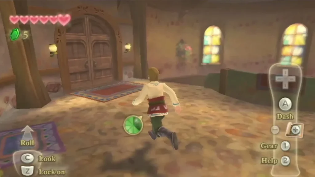 Link runs through the Knight Academy hall past a red rug and tall arched double doors. Link runs through the Knight Academy hall past a red rug and tall arched double doors.