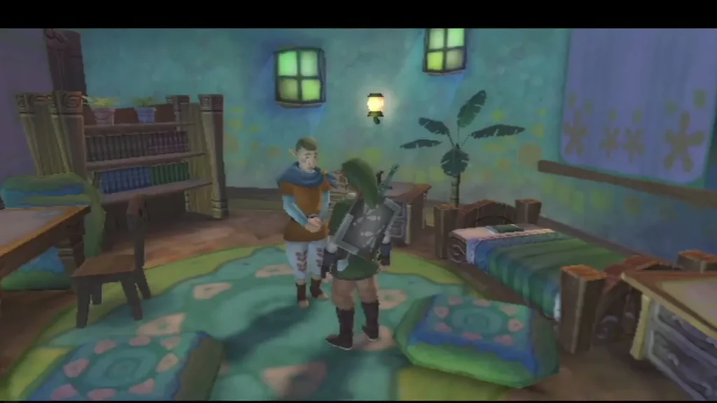 Link talks with a Knight Academy student in a bedroom with a bed, bookshelves and a potted plant. Link talks with a Knight Academy student in a bedroom with a bed, bookshelves and a potted plant.