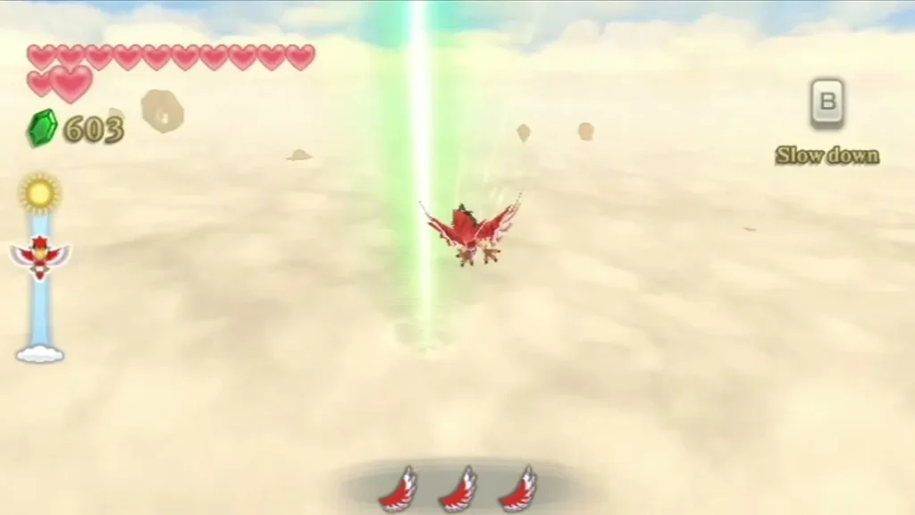 A red Loftwing flies past a green light beam rising through the clouds. A red Loftwing flies past a green light beam rising through the clouds.