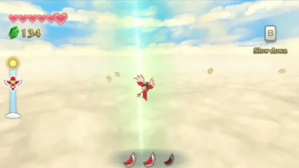A red Loftwing dives down a glowing light column through the clouds toward the surface below. A red Loftwing dives down a glowing light column through the clouds toward the surface below.