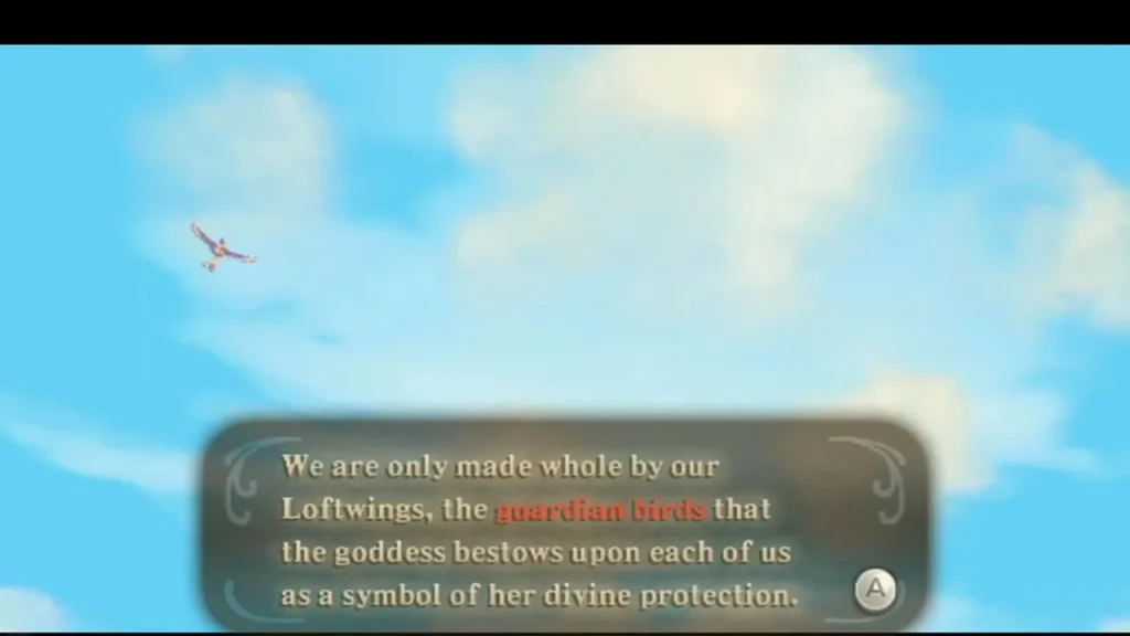 A bird soars over a blue sky as a box says Loftwings are guardian birds the goddess gives each Skyloftian A bird soars over a blue sky as a box says Loftwings are guardian birds the goddess gives each Skyloftian