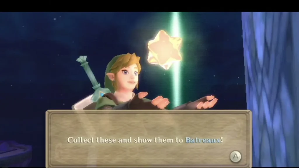 Link at night raising a Gratitude Crystal, with the box asking him to show them to Batreaux. Link at night raising a Gratitude Crystal, with the box asking him to show them to Batreaux.