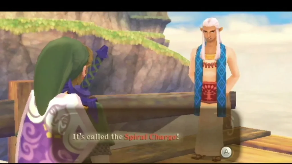 Instructor Owlan, with white hair and a blue vest, tells Link the move is called the Spiral Charge. Instructor Owlan, with white hair and a blue vest, tells Link the move is called the Spiral Charge.